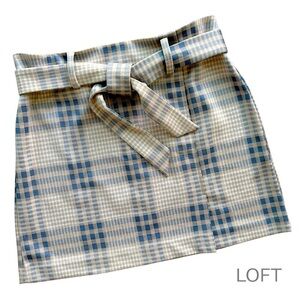 LOFT | NWOT BLUE PLAID BELTED SKIRT ZIPPER BACK | 12 PETITE